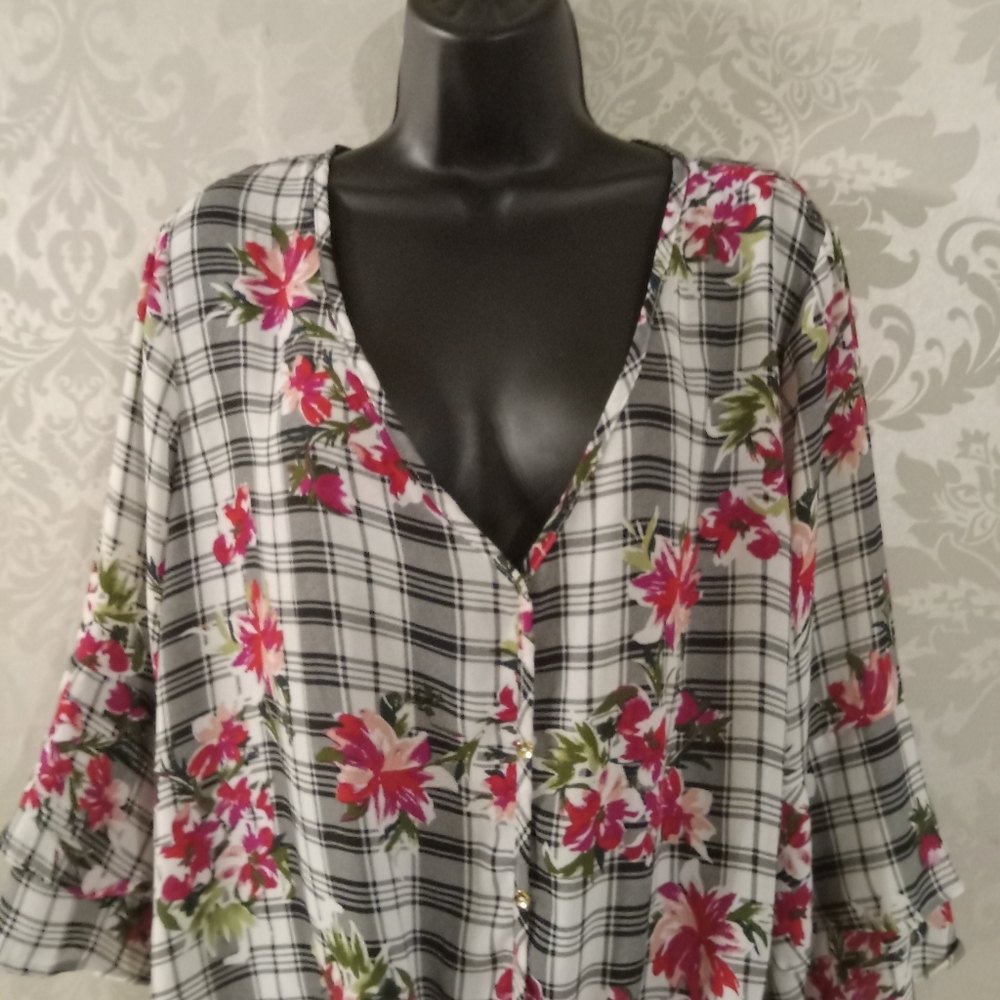 Wishful Park Floral Plaid Blouse  XL
